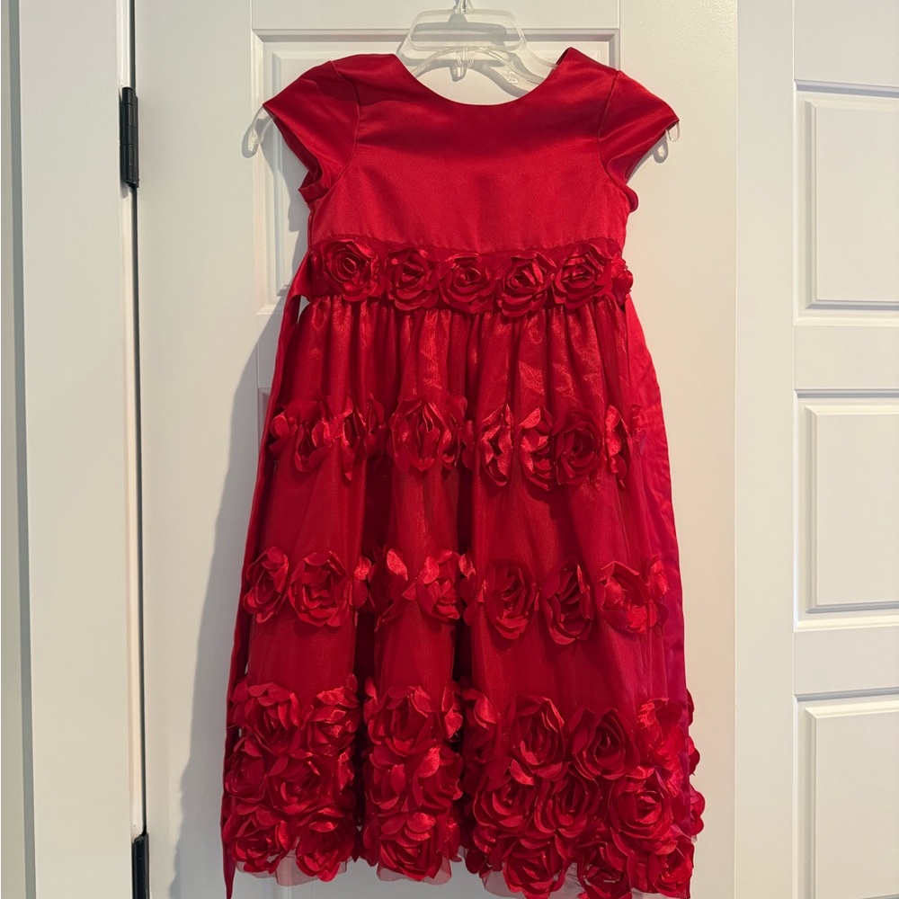 Bonnie Jean Red Embellished Fit and Flare Dress with Flutter Sleeves